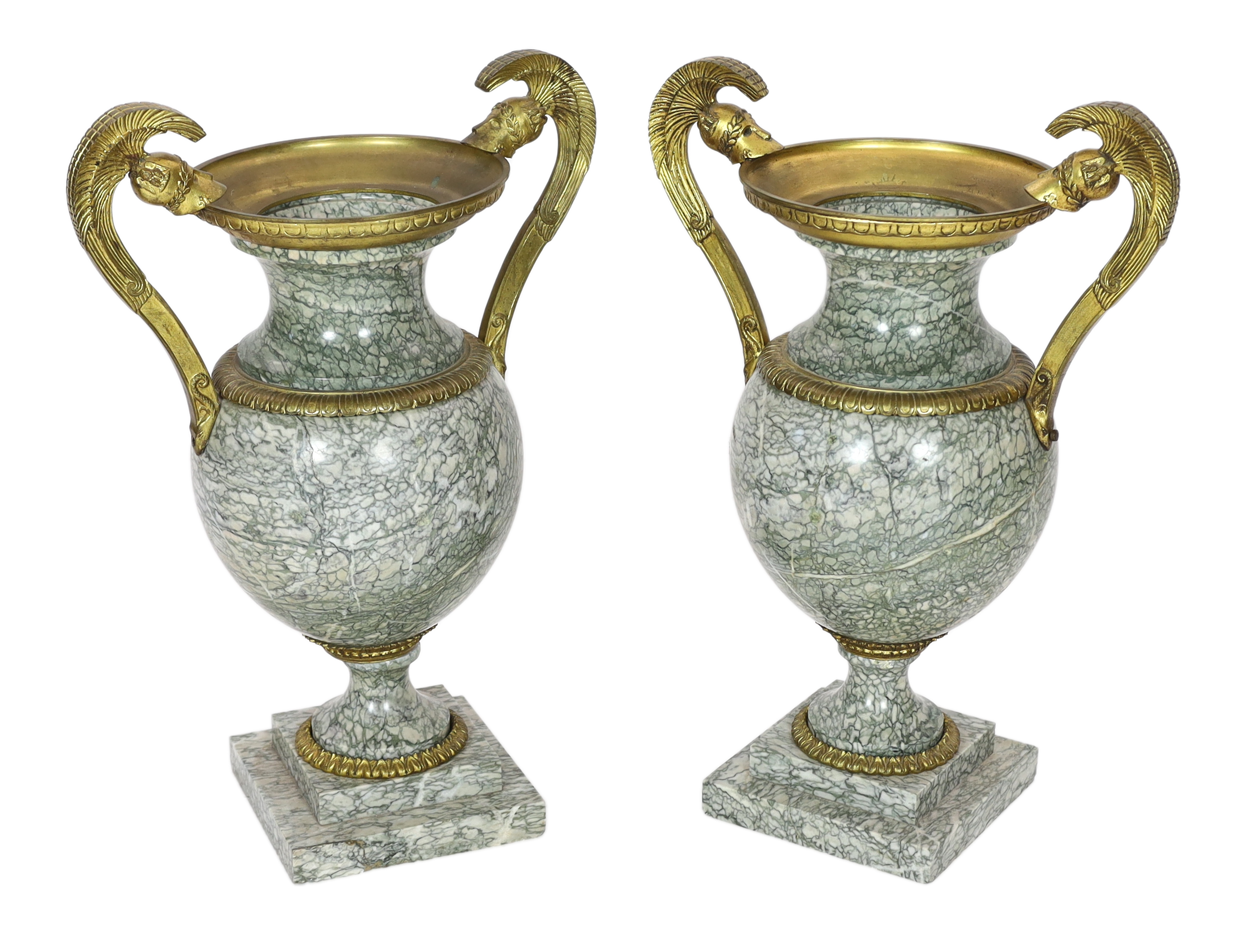 A pair of 19th century ormolu mounted Chipollino green variegated marble vases, 43cm wide, 60cm high, Please note this lot attracts an additional import tax of 5% on the hammer price